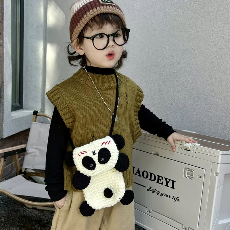 儿童包新款熊猫毛线钩织包包成品男童女孩手提斜跨包配饰零钱包