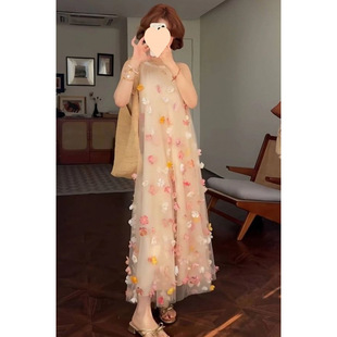 Gentle Style Sweet Long Dress Summer New Style Elegant Slimming Fairy Style Three-dimensional Flower Neck Vest for dress Women