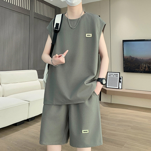 Casual Vest suit Men's Ice Silk Quick-drying Sleeveless T-shirt Men's Summer Waffle Running Short-sleeved Shorts