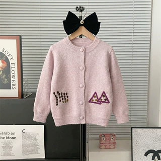 韩版时尚女宝宝单排扣毛衣针织开衫外套儿童手工绣花百搭毛衣开衫