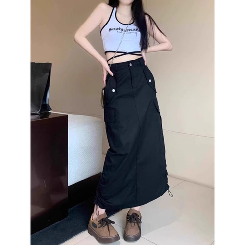 American retro workwork skirt for women's summer new high-waist slimming skirt drawstring split mid-long skirt