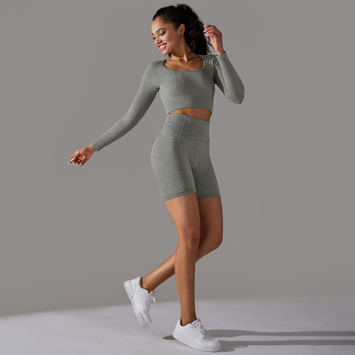Transfronterizo europeo y americano de punto sin costuras de color sólido Polka Dot alto elástico apretado transpirable ropa de yoga traje de correr fitness traje de dos piezas