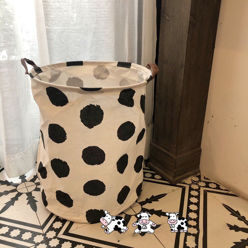 Korean style ins simple polka dot dirty clothes basket Nordic fabric cotton and linen waterproof large storage bucket folding sundries basket for home use