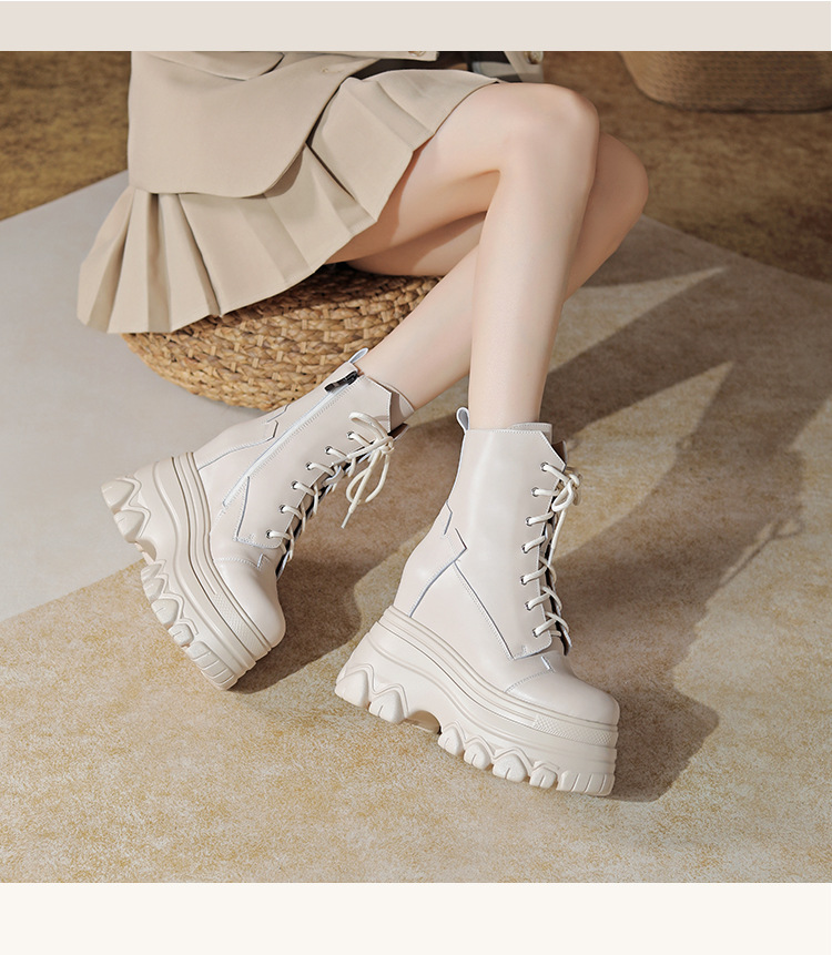 Boot nữ da thật đế dày tăng chiều cao 12 cm dây buộc cổ thấp — Đen lót nhung chi tiết 11