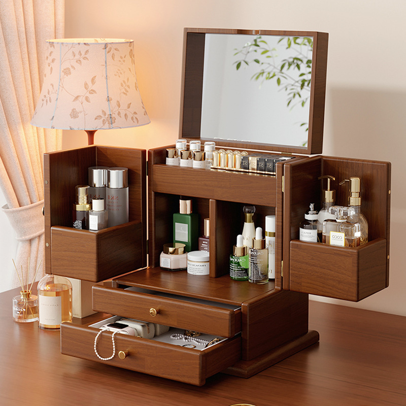 Caja de almacenamiento de cosméticos de madera maciza Caja de joyería para el cuidado de la piel de gran capacidad de escritorio Almacenamiento integrado 520 Regalo de San Valentín