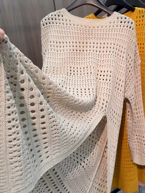 Mid-Length Side Slit Hollow Blouse for Women Summer New Retro Design Elegant Slimming Versatile Sweater Trend