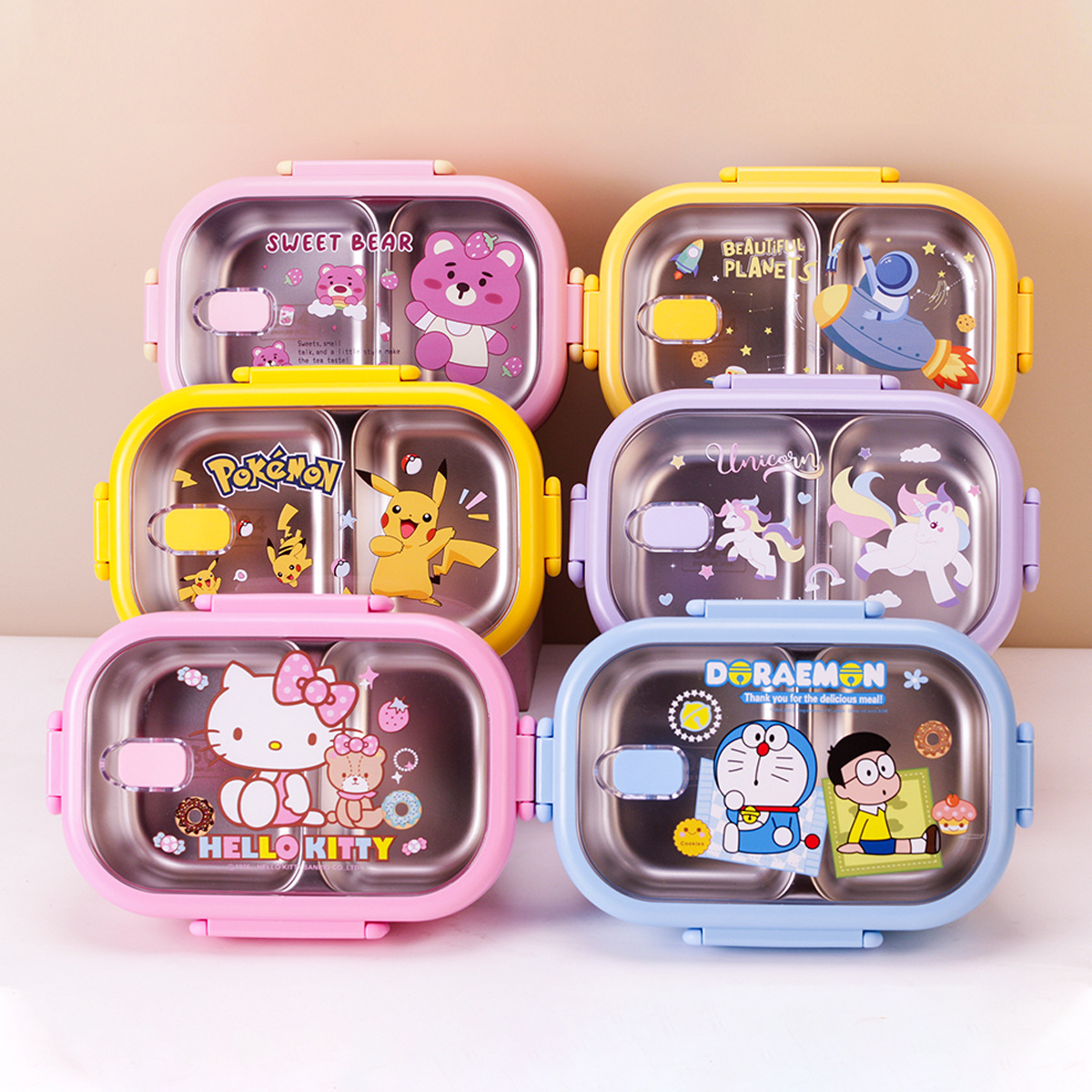 Caja de almuerzo de dibujos animados con tazón de sopa 304 compartimiento de acero inoxidable caja de almuerzo grado alimenticio empleado de oficina estudiante caja de almuerzo portátil
