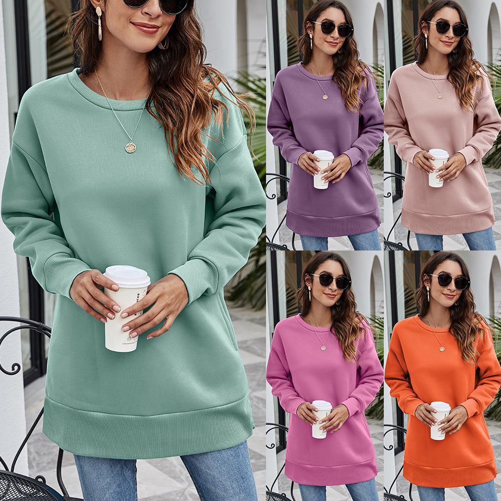 Independent Station Cross-Border European and American Clothing 2025 Autumn and Winter New Round Neck Flap Pocket Pants Mid-Length Casual Loose Sweatshirt for Women