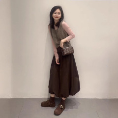 2025秋季新款韩系气质甜美粉色打底衫百搭马甲背心高腰花苞裙套装