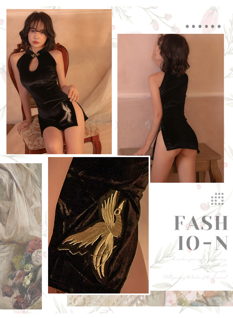 Embroidered Velvet Cheongsam Lingerie Set with Thong, Roleplay Uniform, One Size — detail image 7