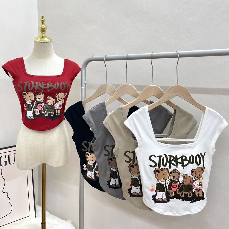 Sweet Spice Bear Cartoon Printed Beautiful Back Vest with Chest Pad Wrapped Chest Backless Hollow Short Outer Wear Base Top Sweet Spice Bear Cartoon Printed Beautiful Back Vest with Chest Pad Wrapped Chest Backless Hollow Short Outer Wear Base Top