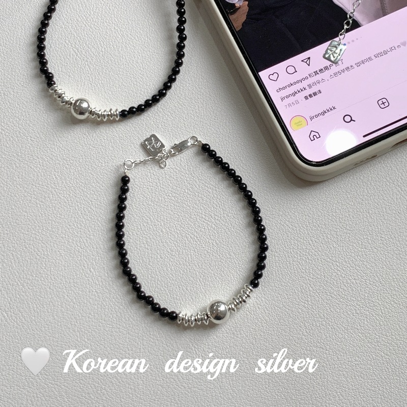 韓國手工個性設計款S925純銀手鍊 圓珠黑碧璽手飾品 疊戴女串珠