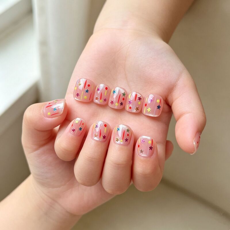 Gentle girly pink cat-eye star-shaped brightening children's handmade press-on nails with sequins, brightening nail stickers Gentle girly pink cat-eye star-shaped brightening children's handmade press-on nails with sequins, brightening nail stickers