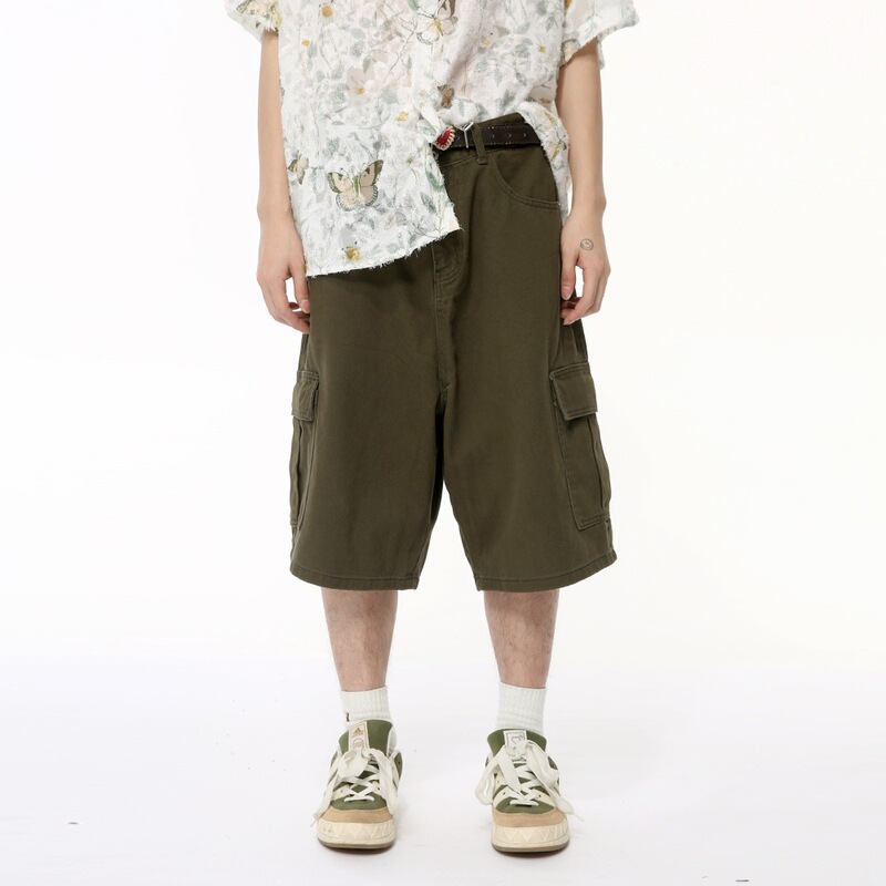 Mtlclothes Men's Clothing | Military Green Trendy American-Style Multi-Pocket Wide-Leg Workwear Washed Short Jeans Versatile