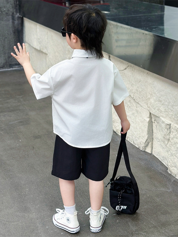 7124 Traje de estilo universitario para niños 2025 verano nuevo estilo para niños camisa de manga corta pantalones cortos traje de dos piezas bebé estilo occidental image 5
