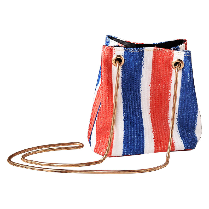 Bolsa de cubo de moda retro sequilla cadena bolso de mujer rojo, azul y blanco rayas bolso de hombro de mujer fábrica directa bolso transfronterizo
