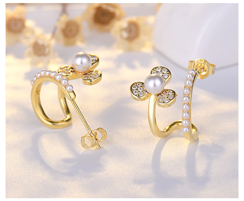 Flower Pattern Lady Flower Copper Plating Inlay Artificial Pearls Zircon Ear Studs 1 Pair