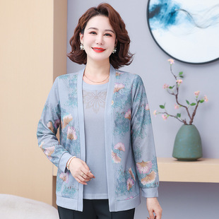 Mom Autumn Long Sleeve Two-Piece Cardigan Jacket Base Shirt New Middle-Aged Spring and Autumn Knitted Top suit