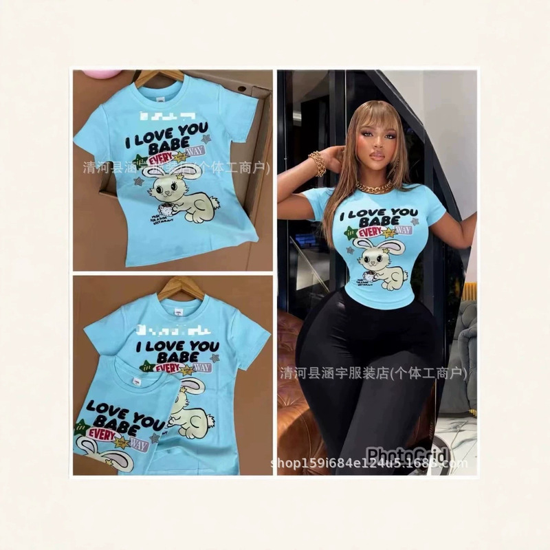Basic Tops Cross-Border Foreign Trade Basic Tops for Women, Stretch Cotton, Cartoon Rabbit Print, Slim Fit, European and American Style Short Sleeves