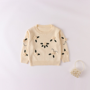 Ins2025 New Autumn Style 0-3 Year Old Female Baby Baby Handmade Flower Embroidered Pullover Knitwear Knitwear Top