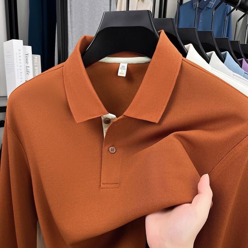 [Wool Included] Cross-Border Foreign Trade High-End Men's Polo Shirt Long-Sleeved Lapel Middle-Aged Business Casual Collared T-Shirt for Men