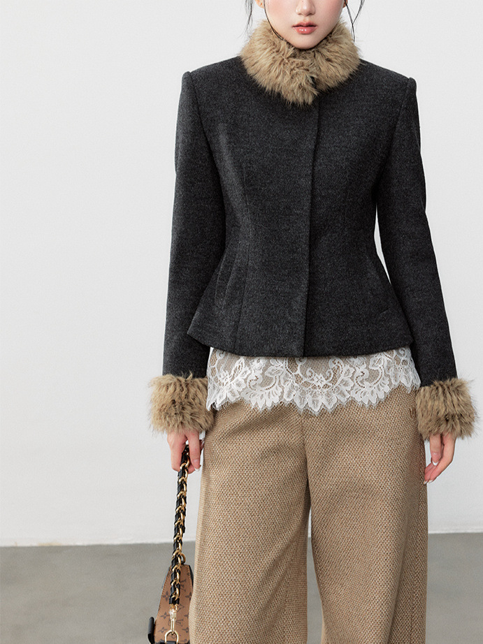 Yuzhi Tweed Style Detachable Fur Collar Woolen Jacket with Waist Slimming Look Design and Short Elegant Top