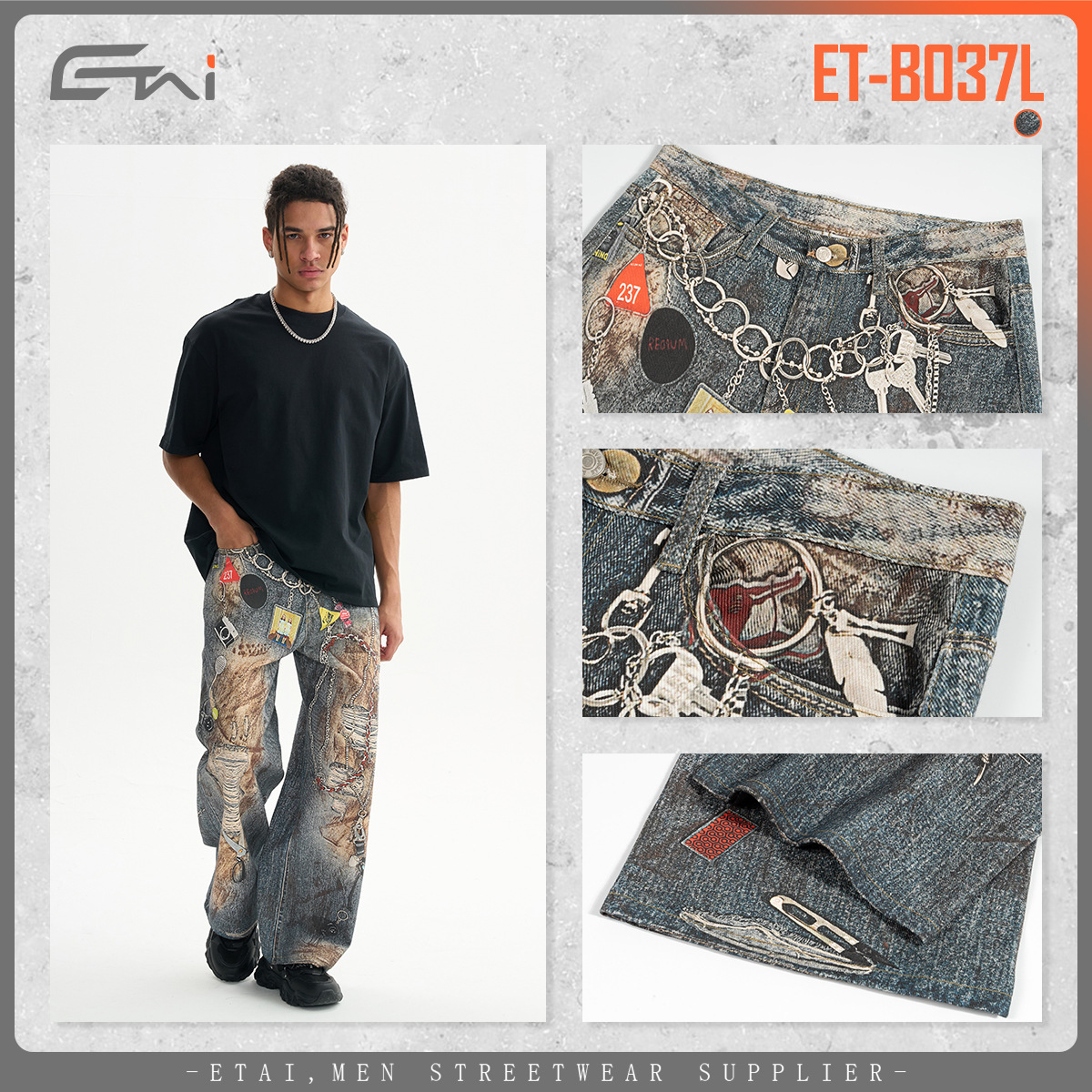 ETAI Hombre| Nuevo algodón recto impresión 3D pantalones casuales retro americano pesado botón jeans hombre