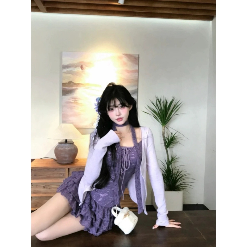 Pure Lust Style Sweet Suit Spring and Summer Slimming Look Two-Piece Spliced ​​Lace Top + Skirt Three-Piece Set for Women