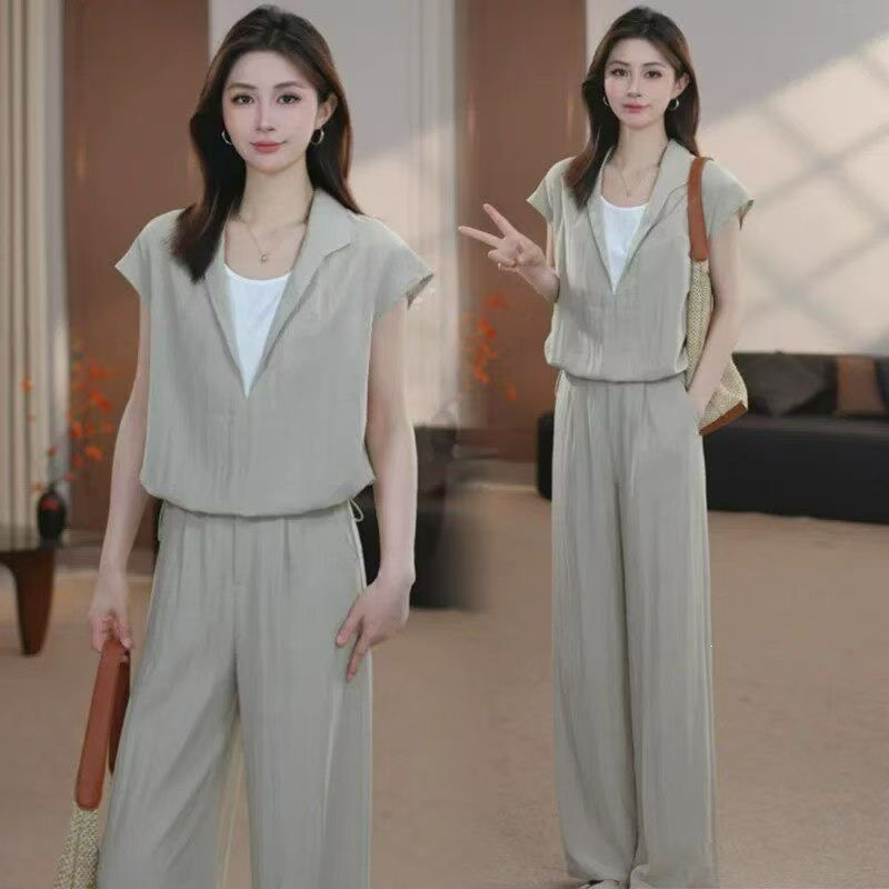 Foreign Trade Plus-Size Fashion Casual Suit for Women, Summer Stylish Slimming Faux Two-Piece V-Neck Top and Wide-Leg Pants Set Foreign Trade Plus-Size Fashion Casual Suit for Women, Summer Stylish Slimming Faux Two-Piece V-Neck Top and Wide-Leg Pants Set
