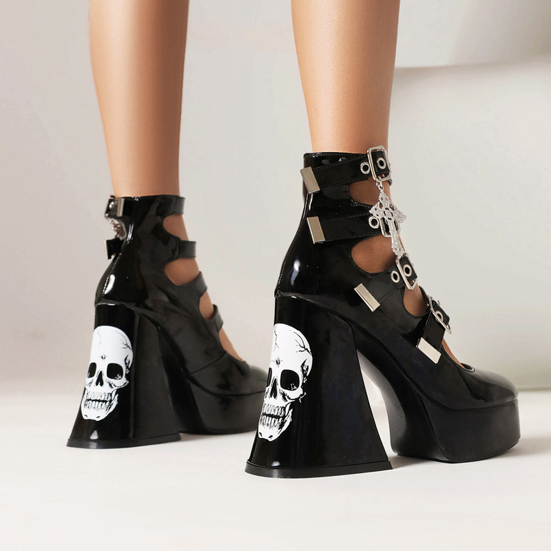 2023 Cross Border Plus Size Mary Jane Cross Lolita Skull Shoes Punk Diablo Goth Pumps Patent Leather