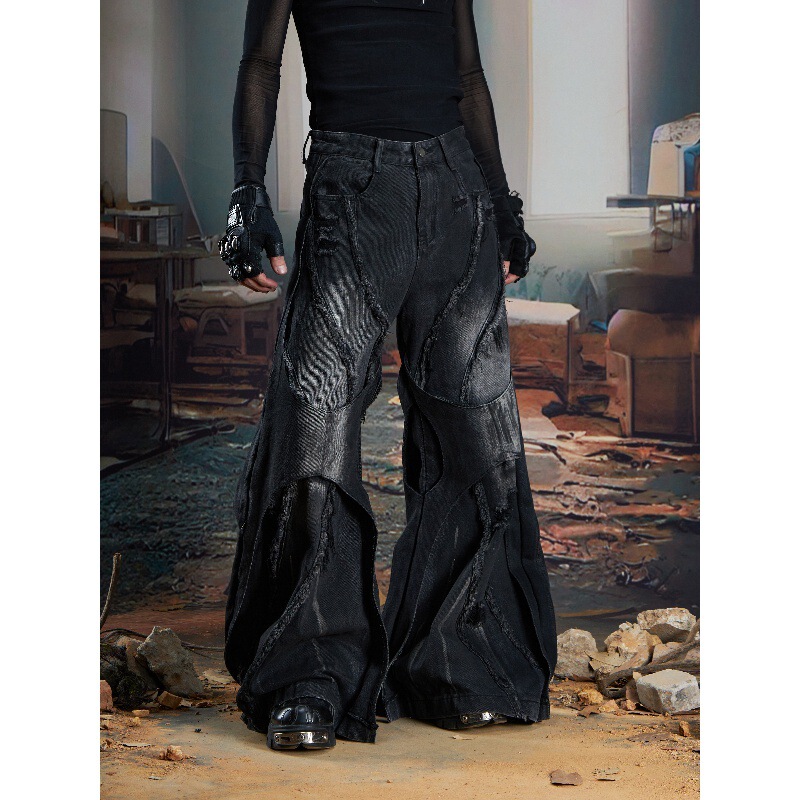 2026 Dark Industrial Style Deconstructed Double-Layered Patchwork Wide-Leg Loose Frayed Tassel Distressed Jeans 2026 Dark Industrial Style Deconstructed Double-Layered Patchwork Wide-Leg Loose Frayed Tassel Distressed Jeans