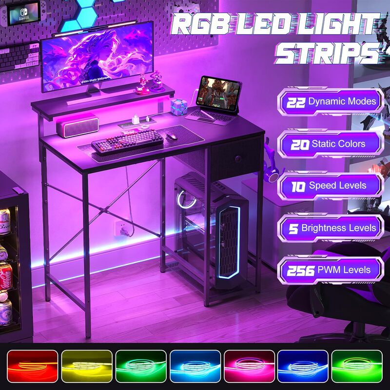 Cross-Border Spot Home Office Gaming Desk with Power Socket USB Port Computer Desk with Led Light and Headphone Hook