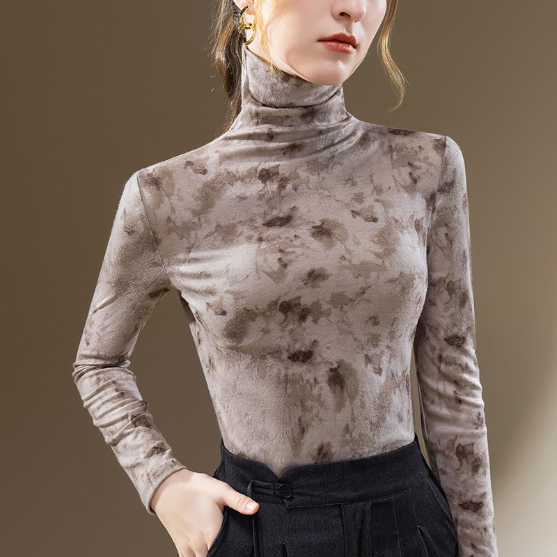 Camisa de fondo de cuello alto para mujer 2023 nuevo estilo europeo ropa de mujer estilo occidental impreso manga larga cepillado camiseta cintura-top interior ajustado