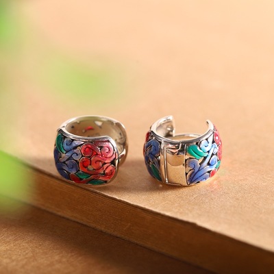 一打珠宝 s925银简约时尚滴胶烧蓝民族风款女式耳扣  跨境新品|ms