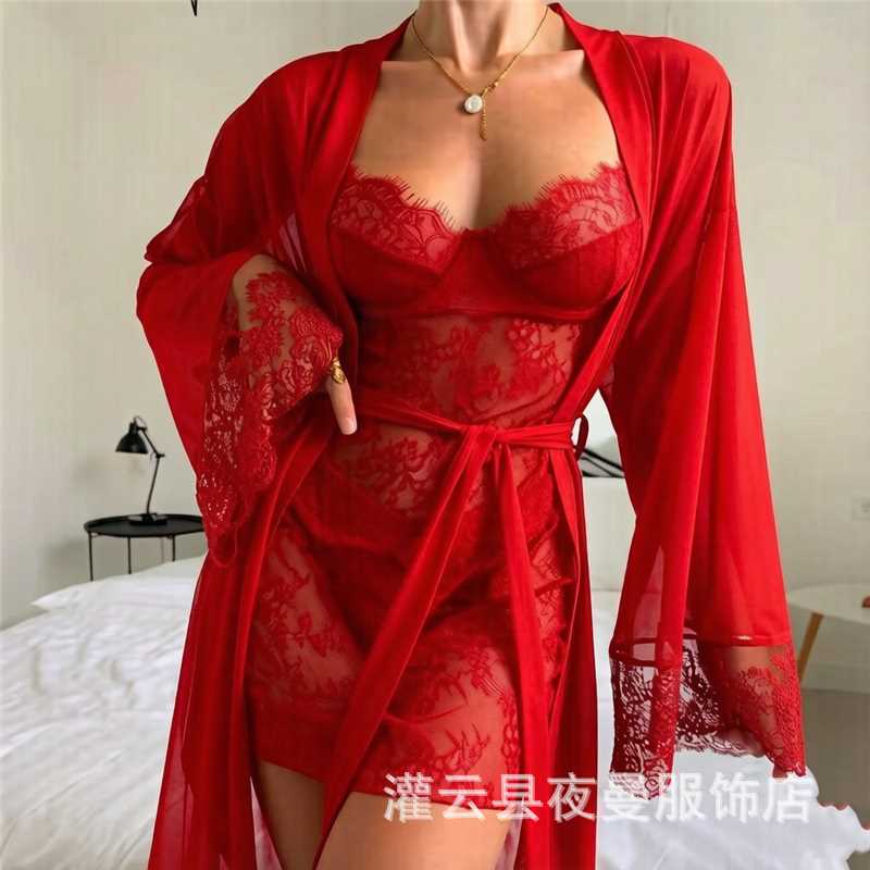 New foreign trade European and American style sexy nightdress with straps, sexy lingerie exclusively for cross-border sales, mesh lace slip dress