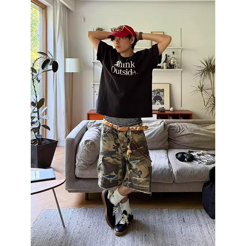 Large Pocket Ripped Patch Denim Shorts Hip-Hop American Retro European and American Style Men's Designer Cropped Pants