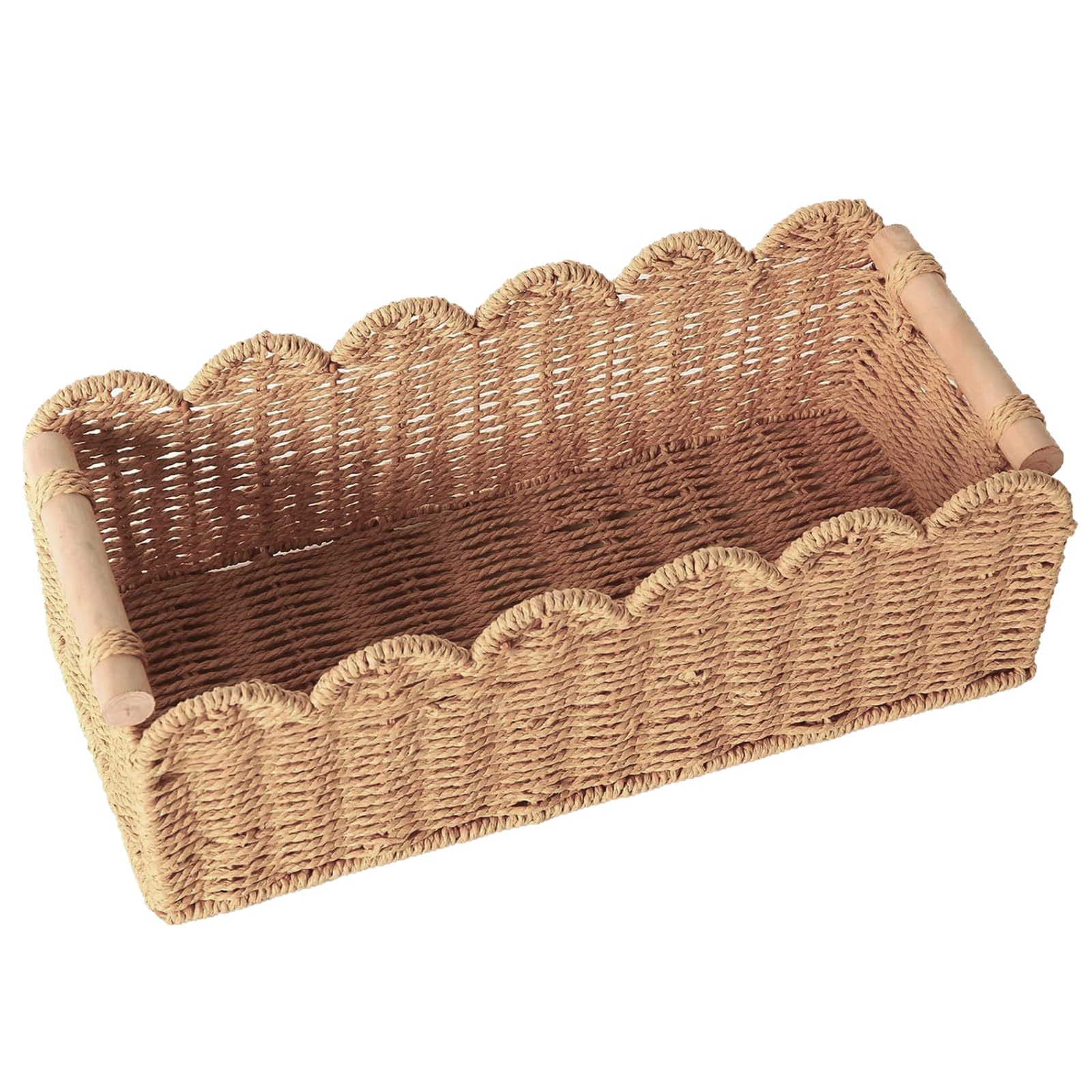 Cesta de almacenamiento de vieira con mango de madera de ratán, caja de almacenamiento de cosméticos clave, canasta de almacenamiento decorativa de escritorio tejida a mano