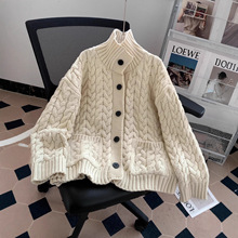 韩国代购2025新款羊毛花朵图案复古减龄针织开衫女毛衣外套ins