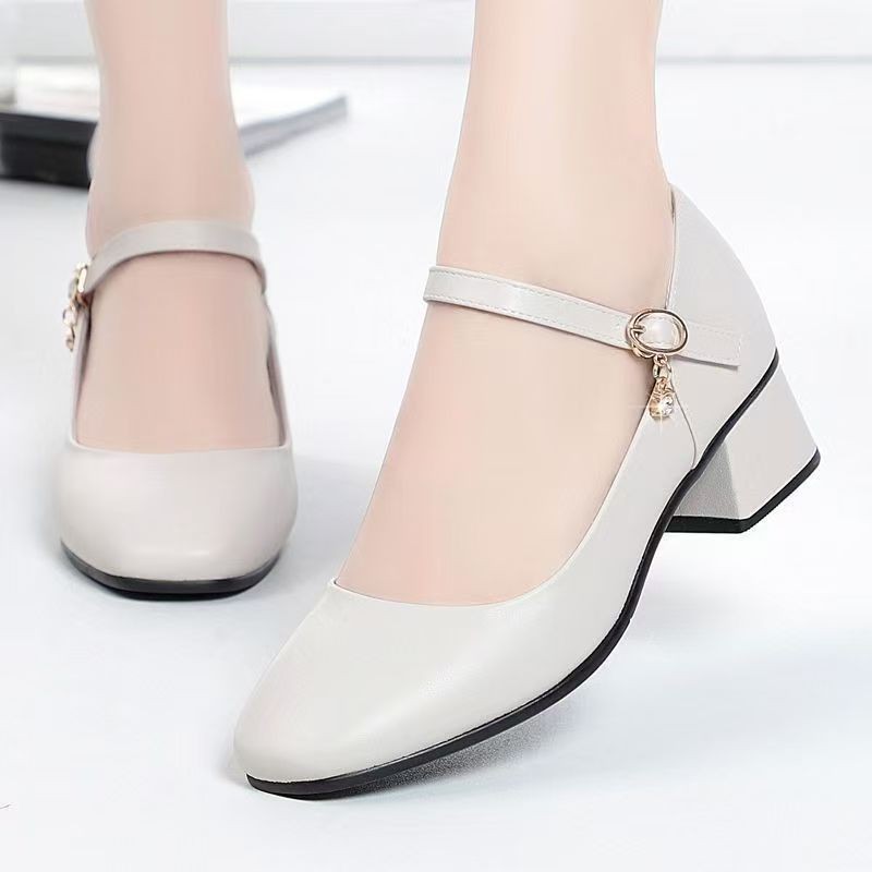 2026 nuevos zapatos de baile de talón medio zapatos de diamante cuatro estaciones cuadrados un cierre temperamento de zapatos de trabajo de talón alto