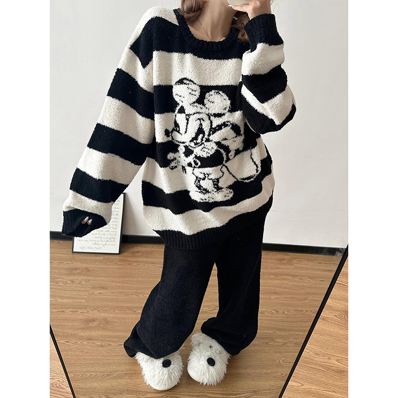 韩系可爱米奇半边绒睡衣女款冬季新款加厚条纹毛绒针织家居服套装|undefined