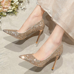 Wedding Shoes for Bride in Spring, Glitter Wedding Dress Two-Wear Crystal Shoes 2022 New High Heel Thin Heel No Foot Fatigue 