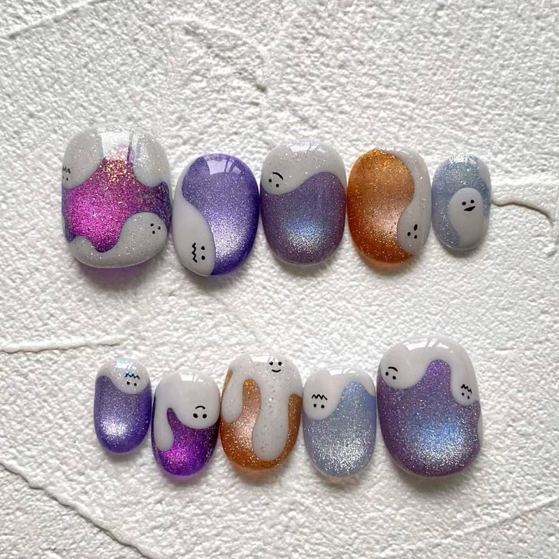 Colorful Cat Eye White Ghost Cartoon Cute Style Short Square Halloween Press-On Nails for Foreign Trade Colorful Cat Eye White Ghost Cartoon Cute Style Short Square Halloween Press-On Nails for Foreign Trade