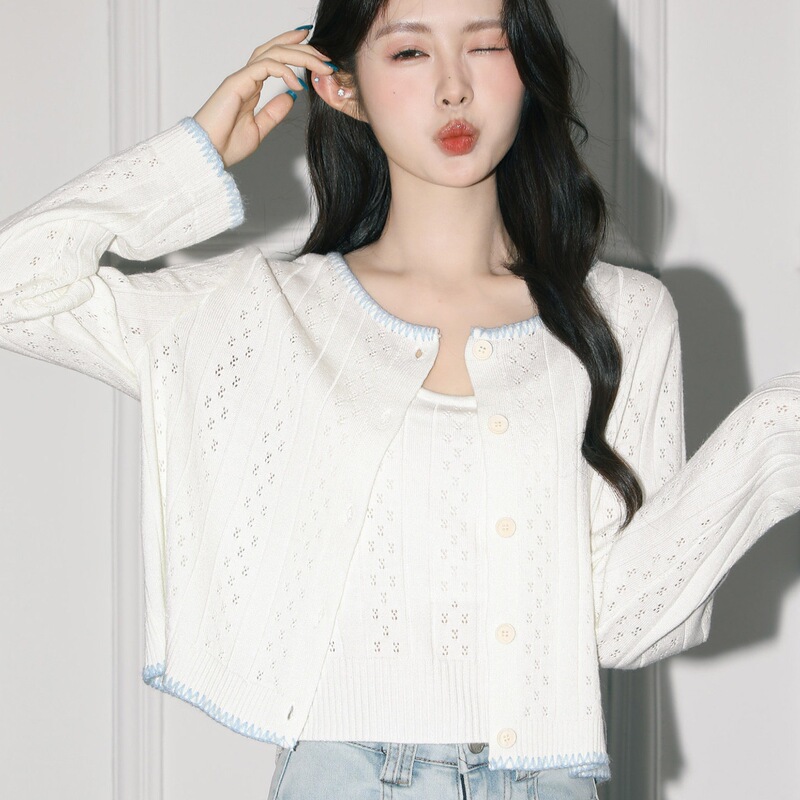 Short Hollow-Out Knitted Cardigan for Women, Spring/Autumn 2026 New Style, Camisole Inner Wear Two-Piece Set for Petite Figures
