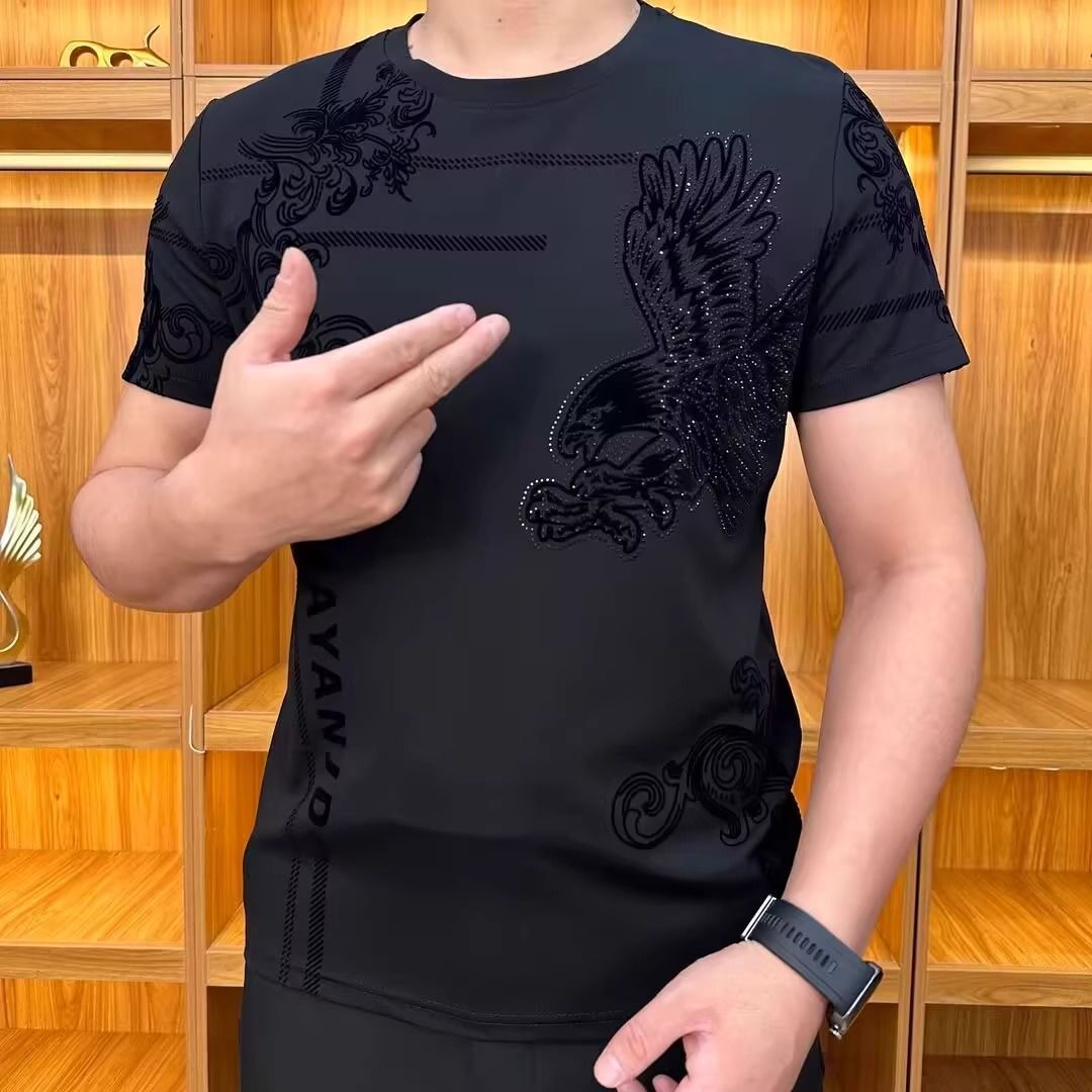 Cross-Border Summer New Eagle T-Shirt for Men, Trendy Rhinestone Flocking T-Shirt, Korean Style Slim-Fit Trendy Short-Sleeve T-Shirt Clothing