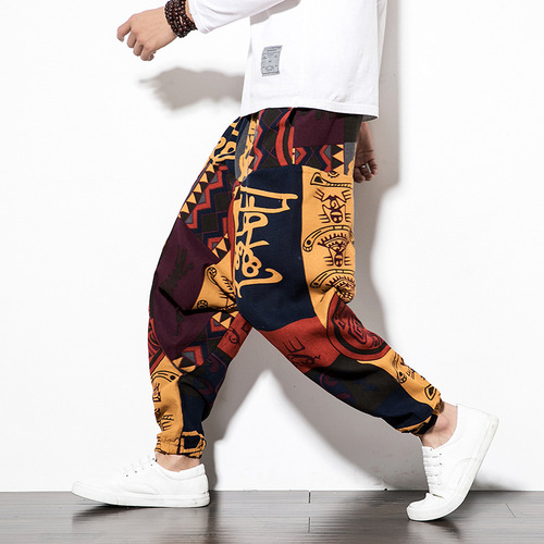  Spring Chinese Style New Men's Cotton Linen Harem Lantern Casual Pants Men Printed Hip-Hop Pants P30