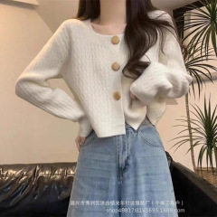 2025春秋季新款小个子短款方领毛衣外套开衫女宽松软糯长袖针织衫