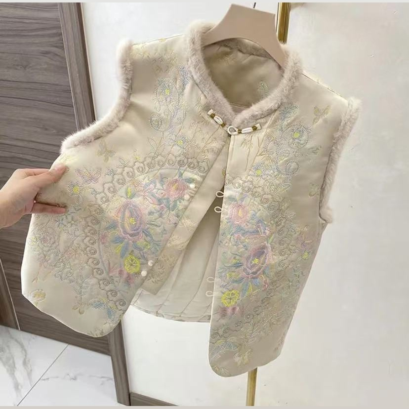冬季新款加棉加厚马甲新中式宽松圆领女国风气质绣花保暖毛领上衣