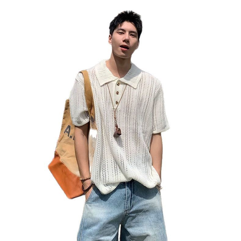 POLO suéter de punto de manga corta con solapa para hombre retro crochet hueco seda de hielo transpirable moda coreana comercio exterior transfronterizo al por mayor