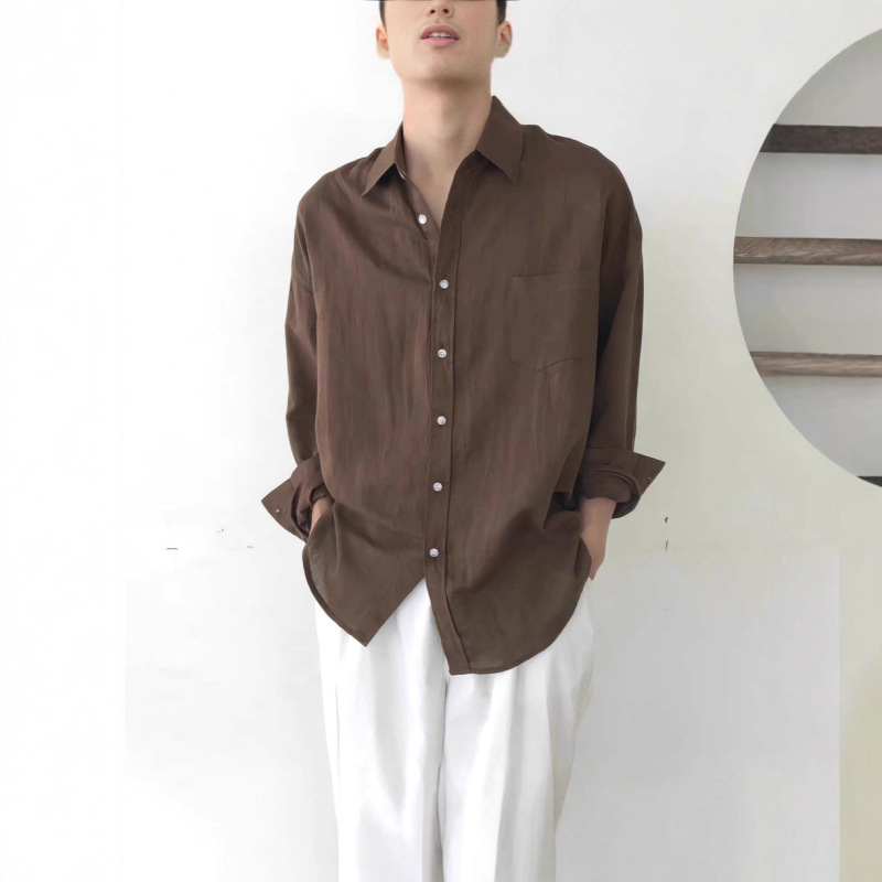 Brown Cotton-Linen Shirt for Men with Pockets, Loose Fit, Long Sleeve, Sun Protection, Thin, Breathable, Linen Casual Work Shirt Brown Cotton-Linen Shirt for Men with Pockets, Loose Fit, Long Sleeve, Sun Protection, Thin, Breathable, Linen Casual Work Shirt