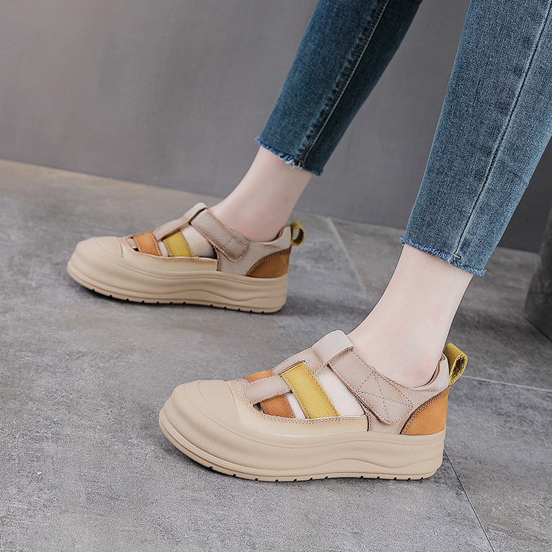 Giày lười nữ da bò đục lỗ đế dày Velcro — Màu vàng